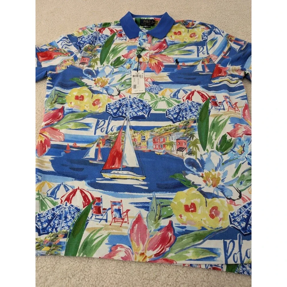 New Polo Ralph Lauren Men's Med Riviera Print Mesh Polo Shirt Vacation Sailing
